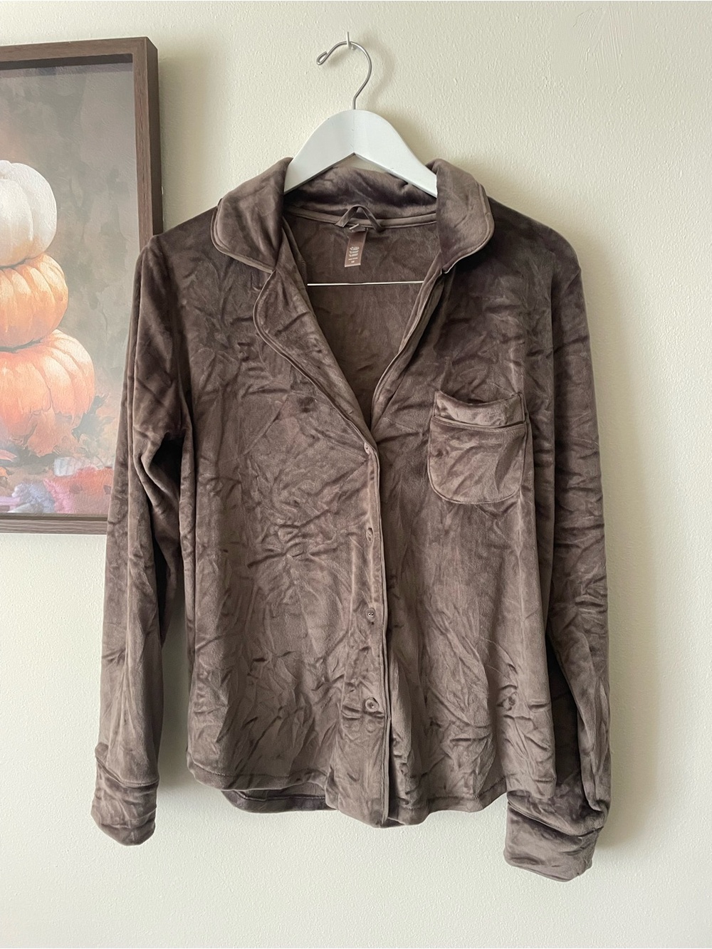 SKIMS Velour Button Up Sleep Top XS Cocoa Taupe Brown